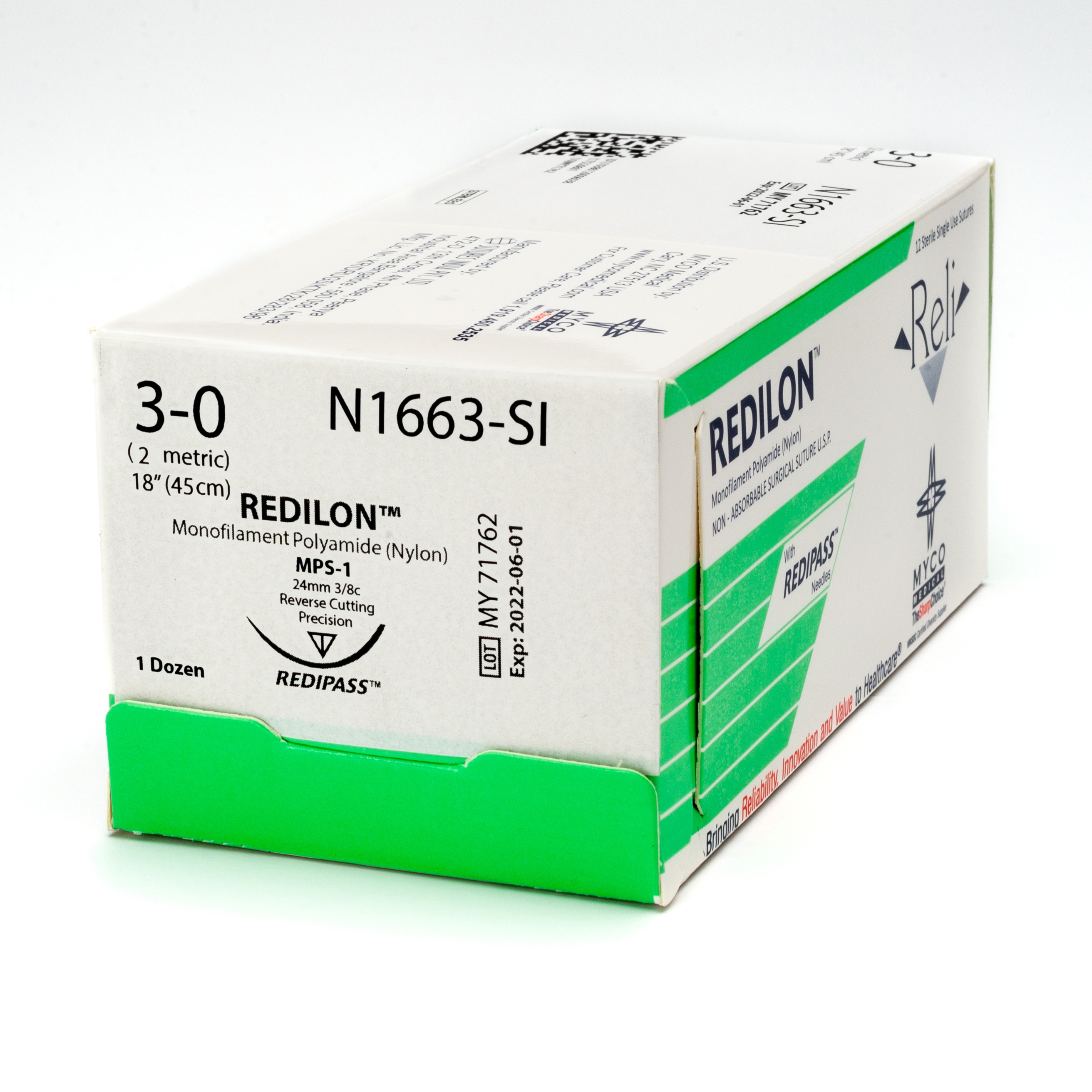 Suture with Needle Reli® Redilon™ Nonabsorbable Black Monofilament Nylon Size 3 - 0 18 Inch Suture 1-Needle 24 mm Length 3/8 Circle Precision Reverse Cutting Needle by Myco Medical  ID N1663-M